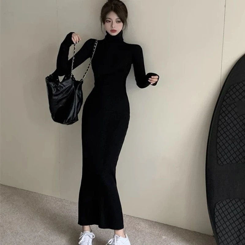 Sexy Black Turtleneck Knitted Bodycon Dres Autumn Winter Long Sleeve Sweater Dress Woman Korean Bottoming Dresses 241031