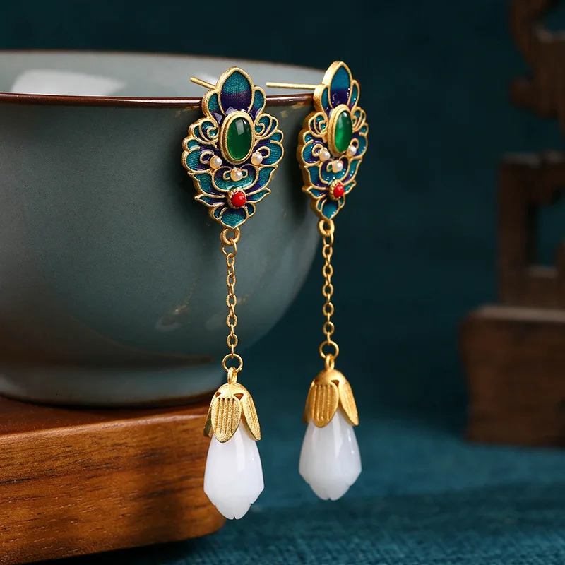 Vintage flower shaped jade pendant earrings suitable for womens traditional Chinese enamel jewelry charm n elegant and creative gifts 241031