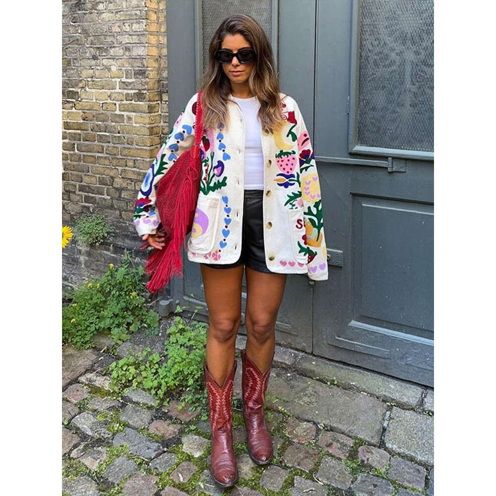 Printed Women's Jacket 2024 Autumn Long Sleeve Single Breasted Female Coats Street Fashion Loose O Neck Contrast Lady Outwears