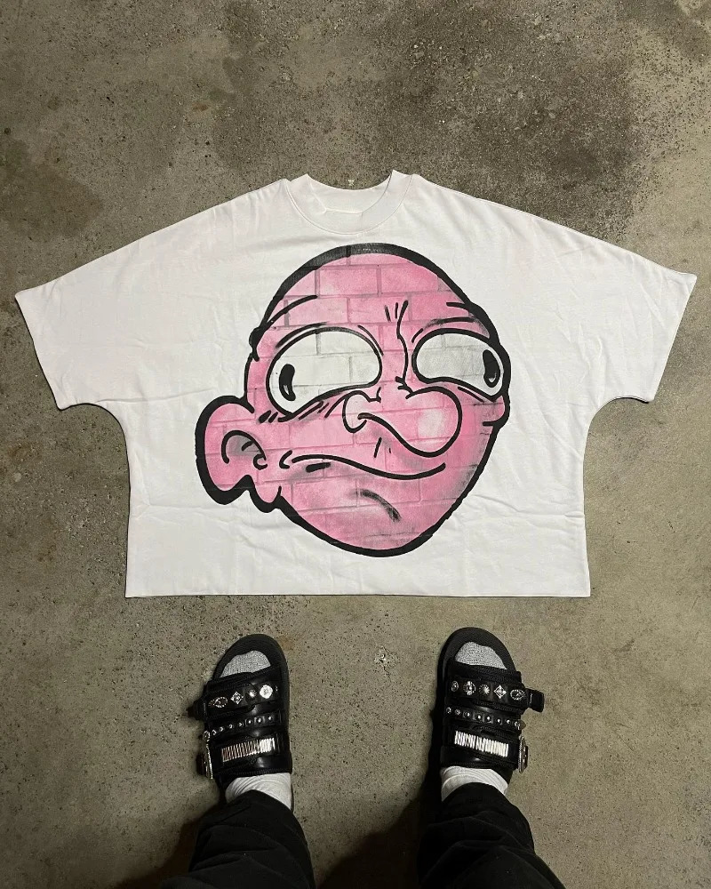 Y2K American vintage cartoon print short sleeve T-shirt Men Harajuku fashion High street couple oversized casual shirt 240420