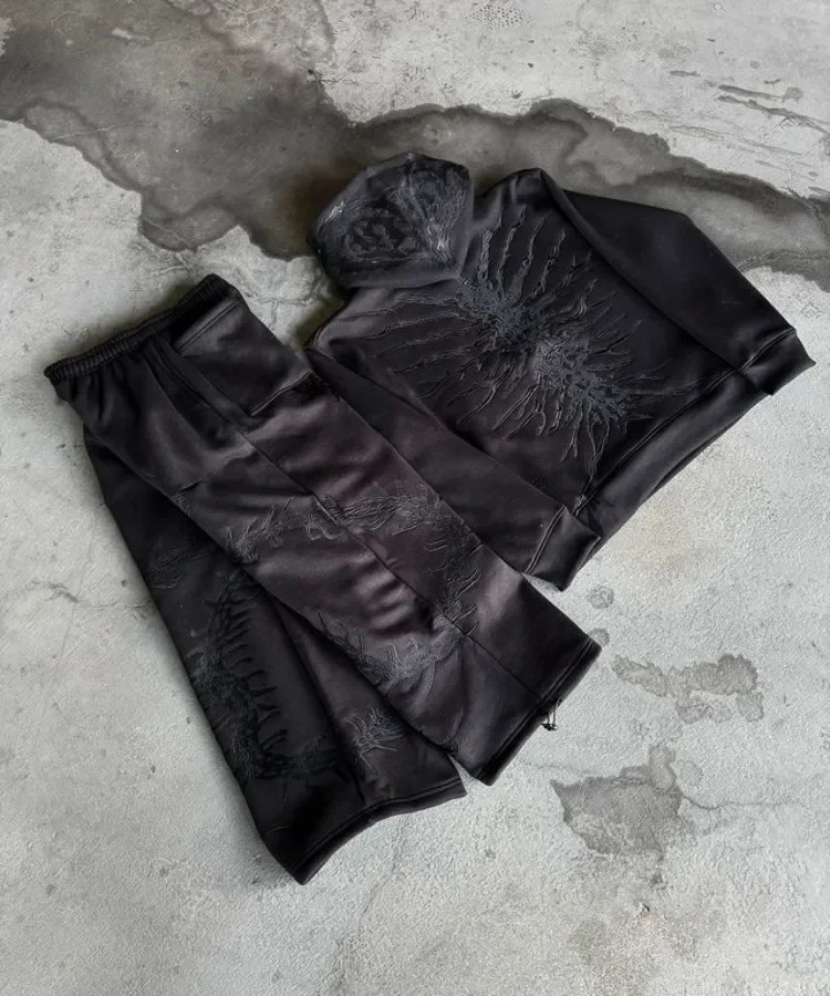 Autumn Ghoul Embroidered Hoodie Suit Street Harajuku Plus Velvet Warm Casual Y2k Winter Clothes Women Traf 241031