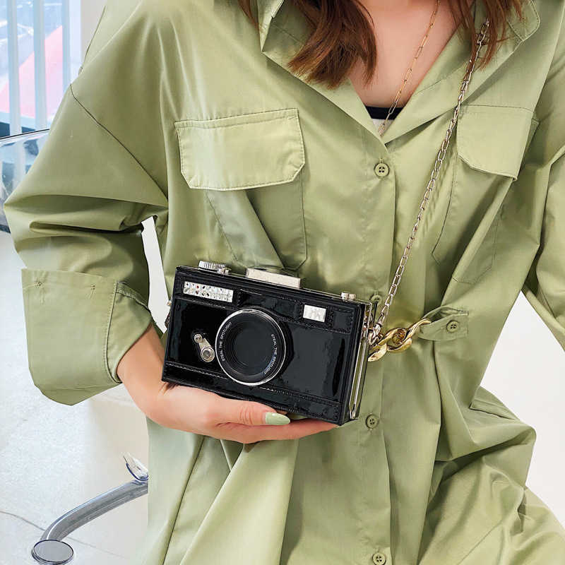CMM Camera Bag New Korean Version Fashion Personality Patent Leather Shiny Surface Single Shoulder Crossbody Box Bag for Women