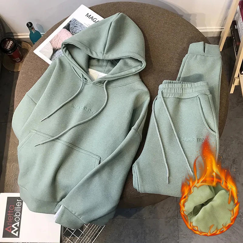 Winter Jogger 2 Pieces Sets Warm Hooded Sweatshirt Tracksuit High Waist Harem Pants Suits Plush Lined Thick Baggy Conjuntos 241031