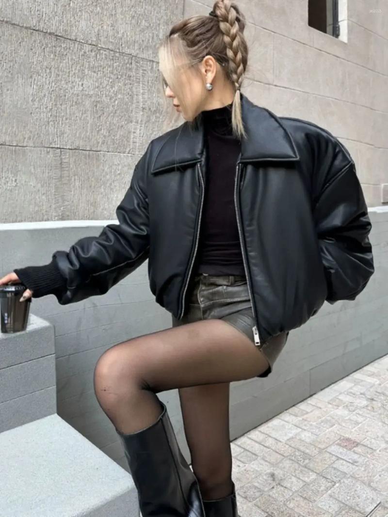 Women's Jackets Pu Leather Puffer Cotton Padded Warm Black Slim Crop Top Short Jacket Autumn Winter Thickened Cropped Motorcycle Coat Y2k