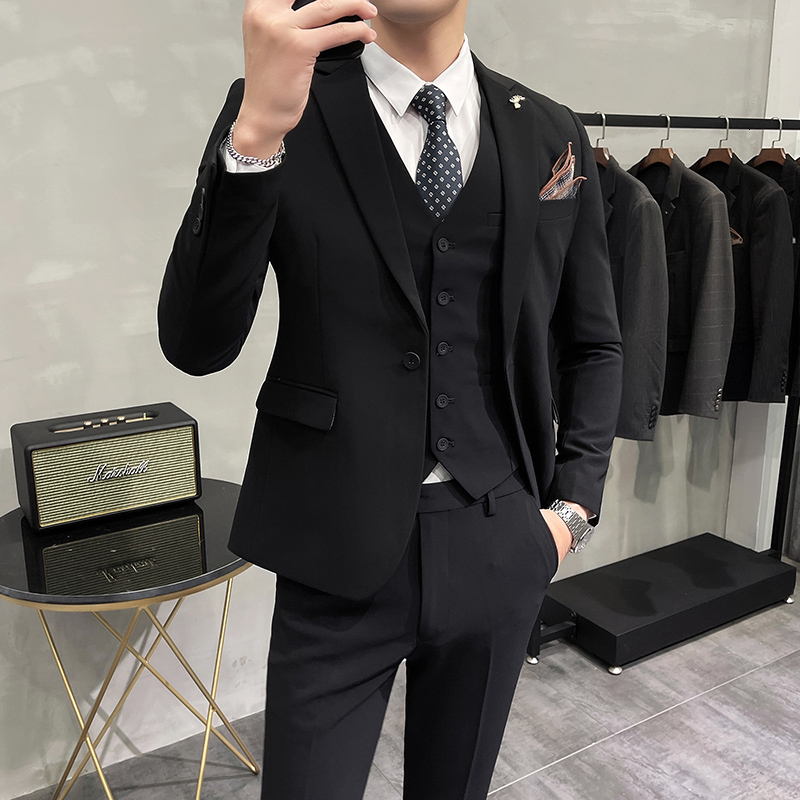(Jacket Vest + Pants) High-End Brand Boutique Fashion Solid Color Office Mens Casual Business Suit Groom Wedding Gown