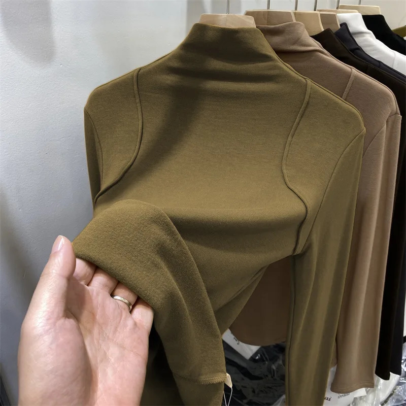 European high neck womens autumn and winter plush long sleeved ultra-thin fashionable warm wool top 241031