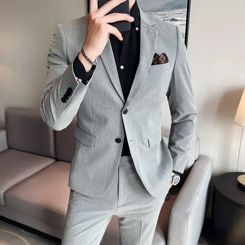 (Jacket + Pants) High End Brand Boutique Solid Color Mens Casual Business Office Suit Groom Wedding Dress Party Blazer Trousers