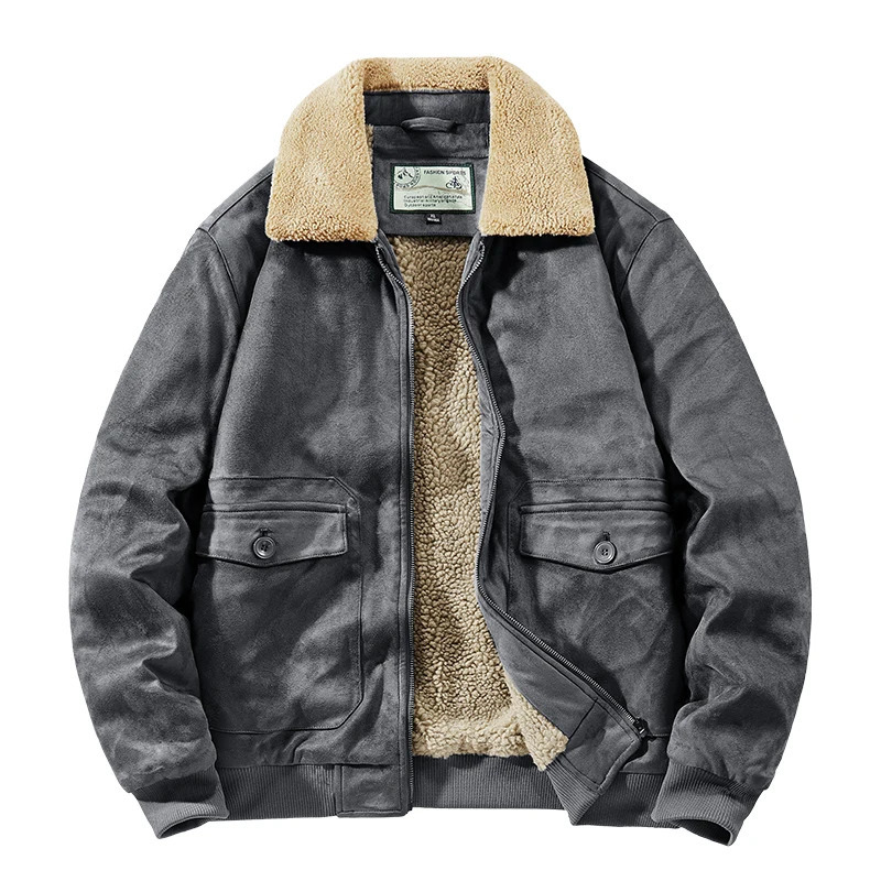 Autumn Winter Suede Jacket Fleece Men Fur Collar Leather Coat Male Thicken Warm Bomber Windbreaker Parkas 241031