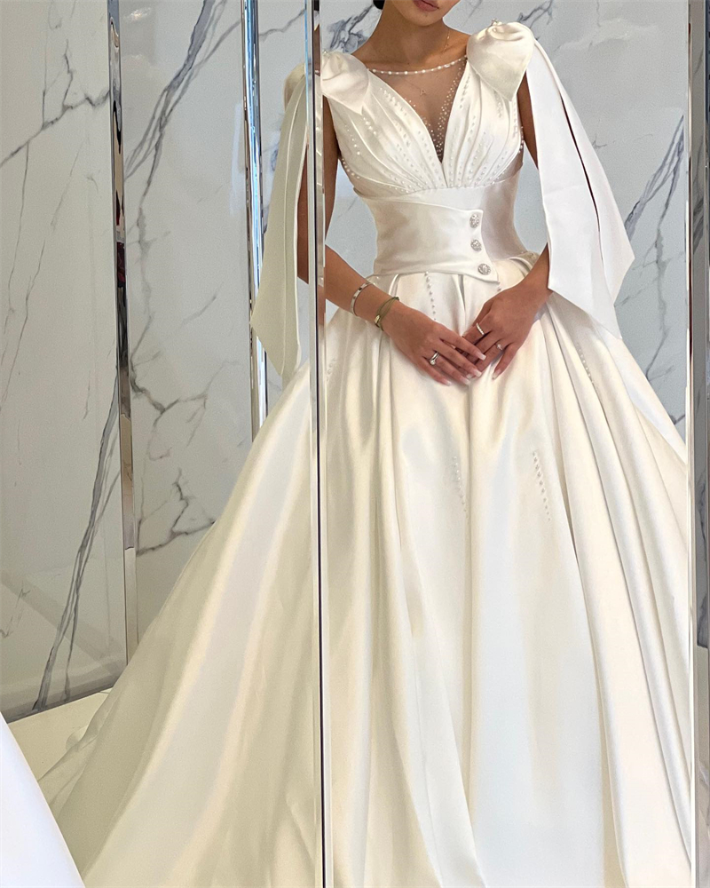 Classic Scoop Neck Ball Dresses for Bride Beaded Ruched Satin Wedding Gown Bow Tie Strap Princess Vestidos De Novia