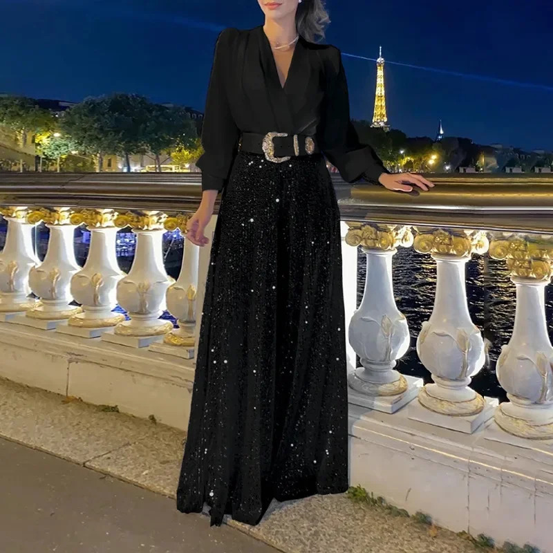 Winter Womens Jumpsuit Fashionable V-neck Long Sleeved Shirt Elegant And Slim Waist Slimming Sequin Wide Leg Jumpsuit 241031