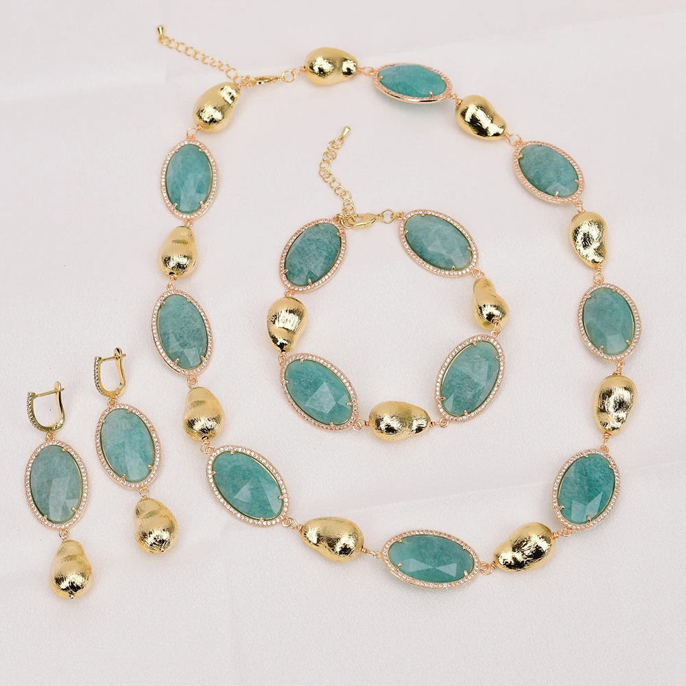 G-G ANatural Green Stone Cube Zircon CZ Paved Gold Brushed Bead Necklace Bracelet Earring Set Womens Gift 241031