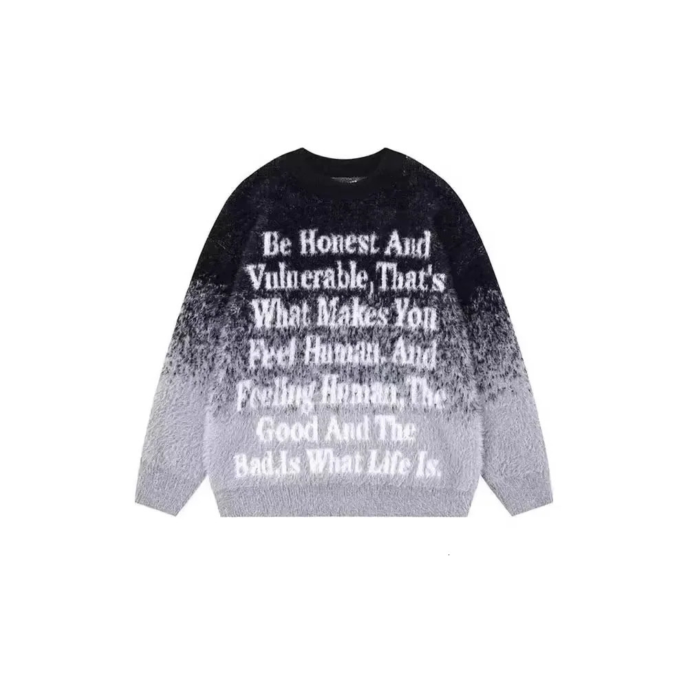 Casual Long Sleeve Knit Top For Men Lazy Gradient Letter Print Loose Fit Slimming Round Neck Sweater Style Autumn Season 241031