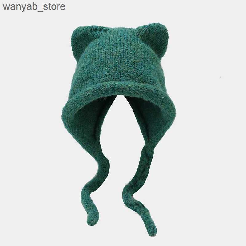 Wide Brim Hats Bucket Hats New Fashion Cute Knitting Beanie Hat 2022 Autumn Winter Knitted Wool Caps Girl Cat Ear Pointed Pullover Women Bonnet Hats L