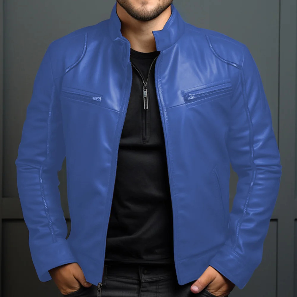Mens Biker Leather Jacket Standup Collar Punk Men 241031