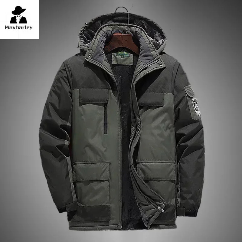 Winter Fleece Jacket Men Casual Thicken Warm Cotton Padded Mens Fashion hooded Outdoor windproof Coat Parkas Plus Size 241029