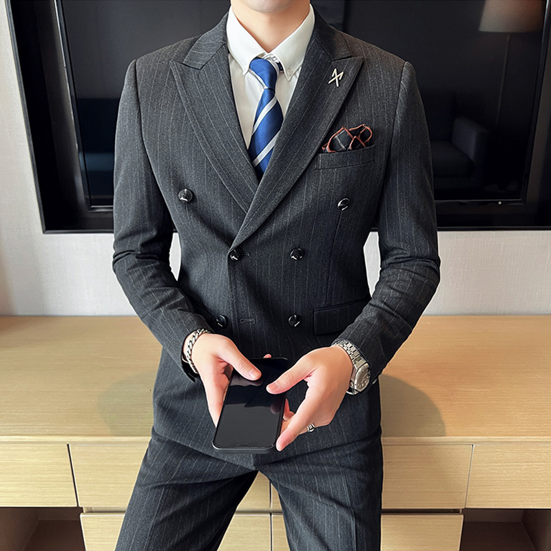 (Jacket Vest + Pants) Brand Boutique Striped Thick Mens Slim Casual Business Double-Breasted Suit 3Pcs Set Groom Wedding Dress