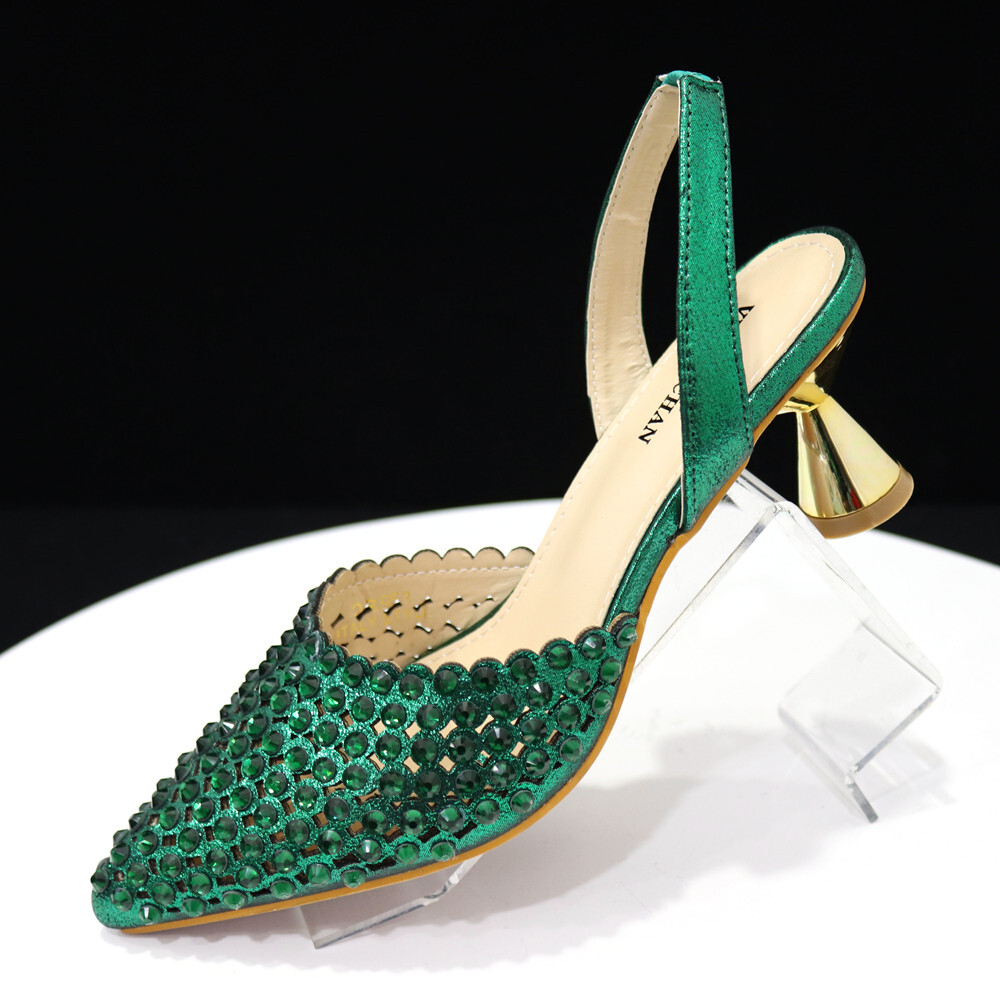 Venus Chan High Heels Lady 2023 Designer Green Color Full Dia Pointed Toe Wedding Shoe And Bag Set For Party 241110
