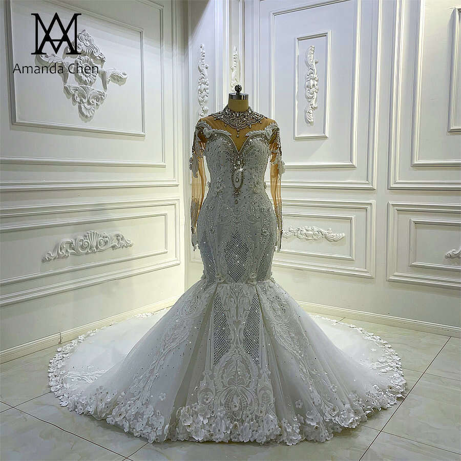 robe femme Full Sleeve Rhie Crystal Mermaid Handmade Wedding Dress