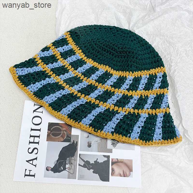 Wide Brim Hats Bucket Hats Handmade Stripe Crochet Knitted Bucket Hat Thermal Tub Hat Vintage Cold Cap Spring Autumn Wool Basin Hat Y2K L240910