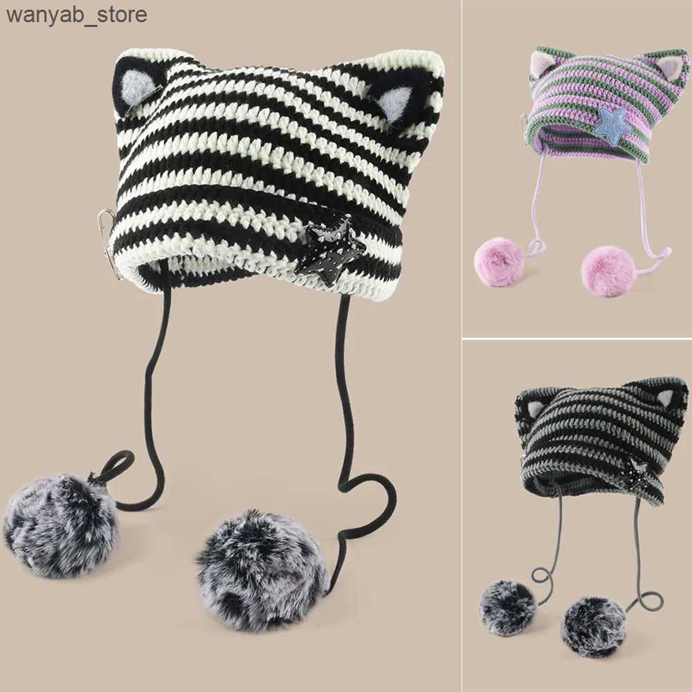 Wide Brim Bucket Handmade Y2k Japanese Cat Ear Beanies Rabbit Hair Pom-pom Striped Sweetheart Girl Knit Cap Autumn and Winter Warm Womens Hats L240910