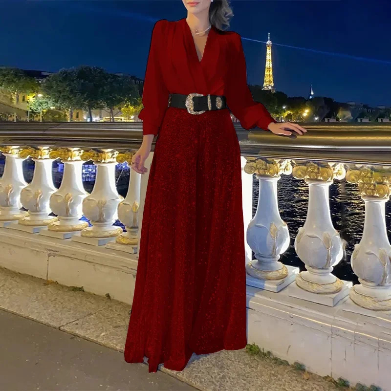 Winter Womens Jumpsuit Fashionable V-neck Long Sleeved Shirt Elegant And Slim Waist Slimming Sequin Wide Leg Jumpsuit 241031