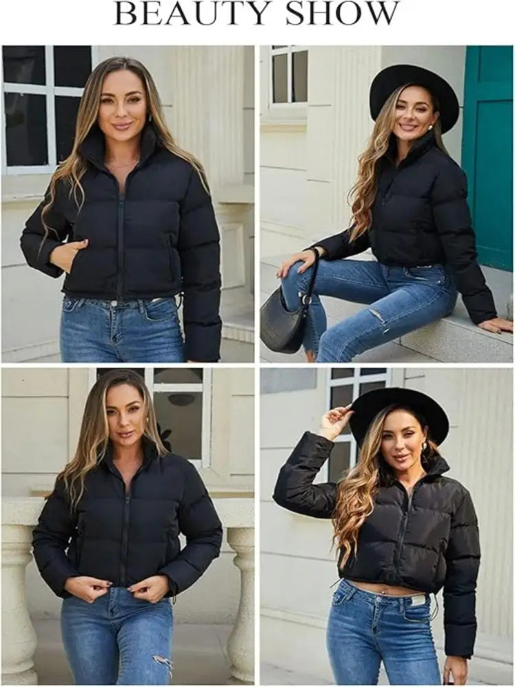Womens Winter Cropped Puffer Jacket Long Sleeve Full Zip Lightweight Warm Quilted Down Coats 241031