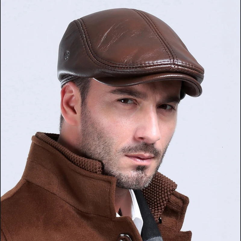 Fashion British Beret Men Genuine Leather Flat Cap Brown Male Earflaps Vintage Ivy Hats Autumn Directors Caps Gatsby 241031
