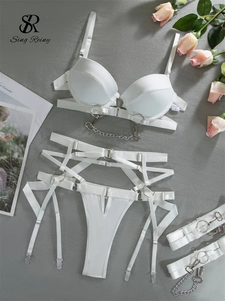 SINGREINY Sexy Fashion Chain Erotic 3 Pieces Sets Ladies Straps Backless Corset Underwear Solid Erotic Sensual Bra Briefs Suits 241031