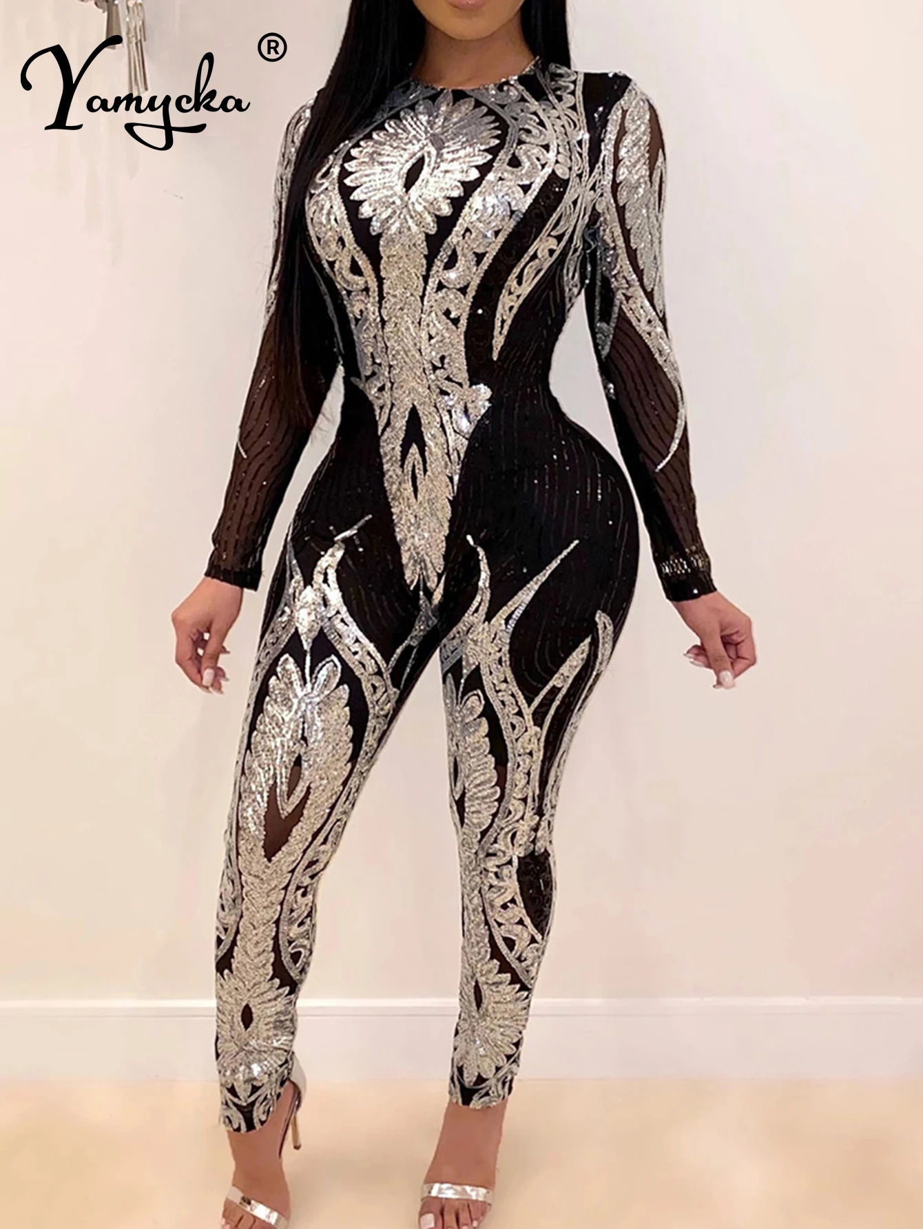 Sexy Long sleeve Sequin bodycon jumpsuit women body bodysuit one piece birthday party nightclub outfits womens jumpsuits overall 241031