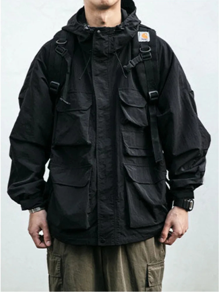 Multi pocket street clothing mountain hoodie jacket mens clothing Harajuku casual cargo jacket fashionable black jacket mens clothing 241031