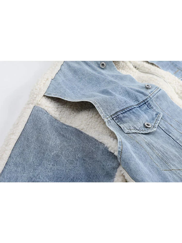 Womens Patchwork Fleece Denim Jacket Vintage Harajuku Long Sleeve Jean Jacket Outerwear Korean Y2k Denim Coat 2000s 90s Clothes 241031