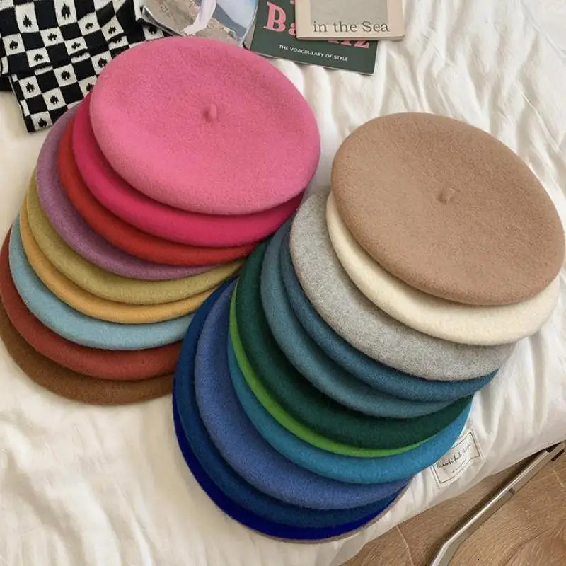 Wool Beret Hat For Women Autumn Winter Retro British Candy Colored Solid Soft Berets Flat Vintage Painter Cap Casual Keep Warm 241031
