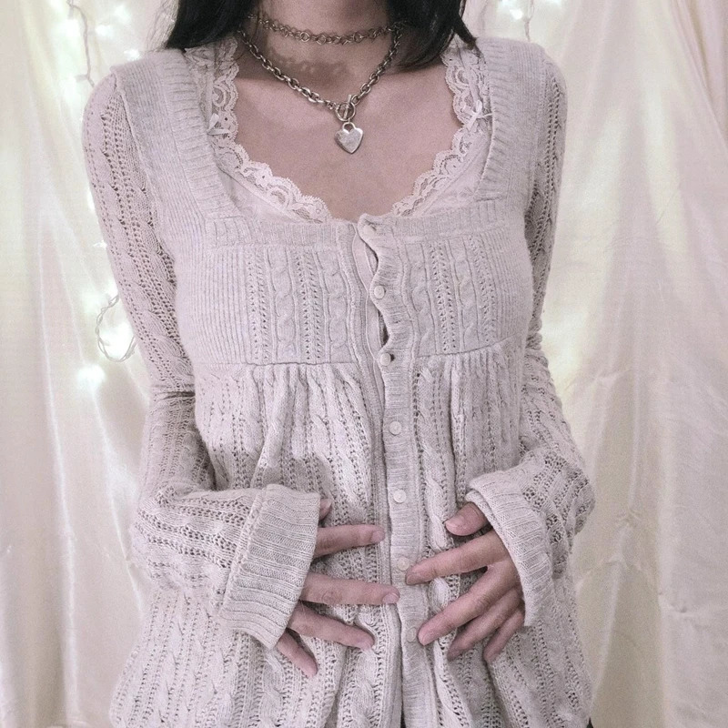 00s Aesthetic Kawaii Knitwear Tshirt Women Clothes Coquette Grunge Y2K Vintage Sweater Single Breasted Long Sleeve Cardigan 241031