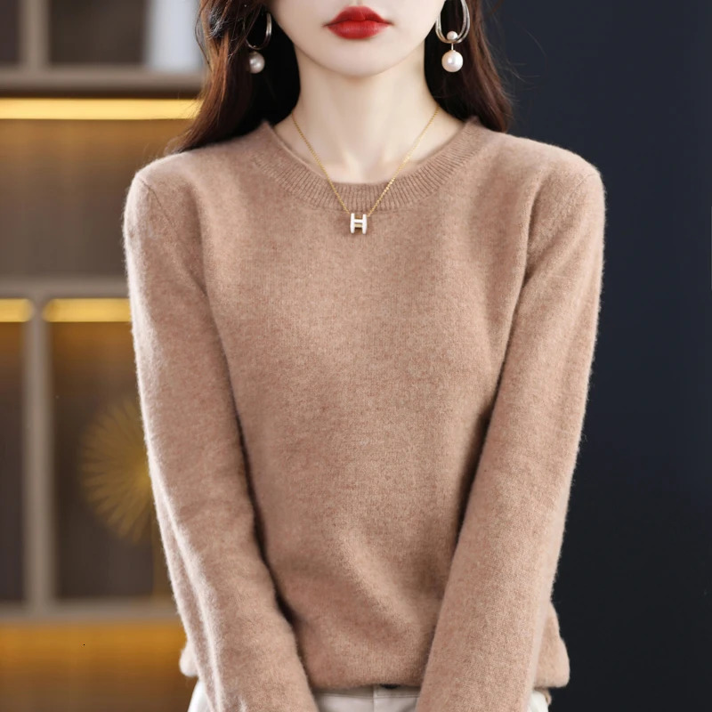 100% Merino Pure Wool Sweater Womens AutumnWinter Long Sleeved Solid Color Pullover Round Neck Basic Knitted Jumper Top 241029