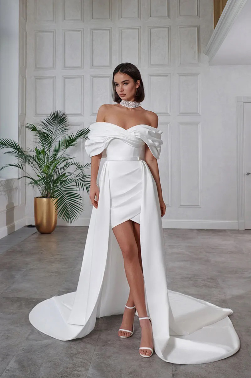 Designer Sexy Off Shoulder Long Sleeved Sheath Wedding Dresses With Detachable Train Bridal Reception Party Dance Gowns Short Simple Bride Robes de Ma