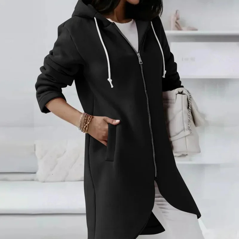Autumn Casual Women Long Hoodies Sweatshirt Coat Zip Up Outerwears Hooded Jacket Winter Pockets Outwear Female Warm Tops 240318