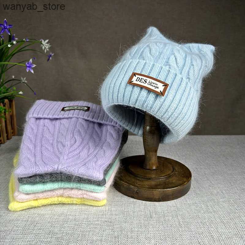 Wide Brim Hats Bucket Hats 24 New Cute Cats ears Wool Hat Women Rabbit Hair Knitted Hat Winter Thickened Warm Cap L240910