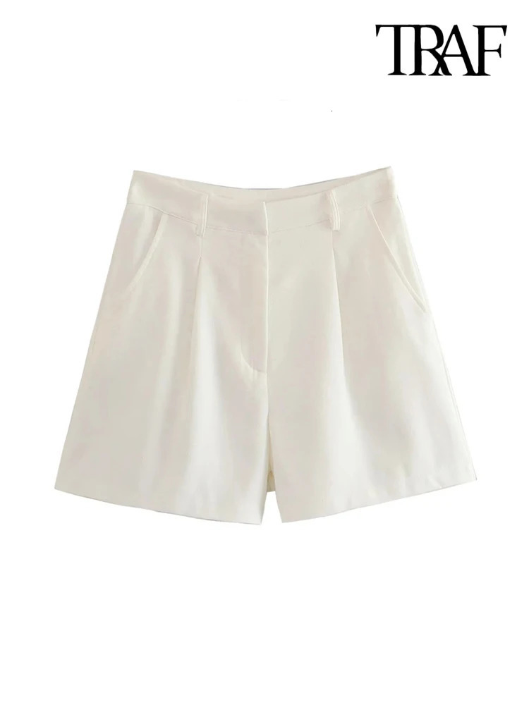 TRAF Women Fashion With Pockets Front Pleats Linen Blend Shorts Vintage High Waist Zipper Fly Female Short Pants Mujer 240325