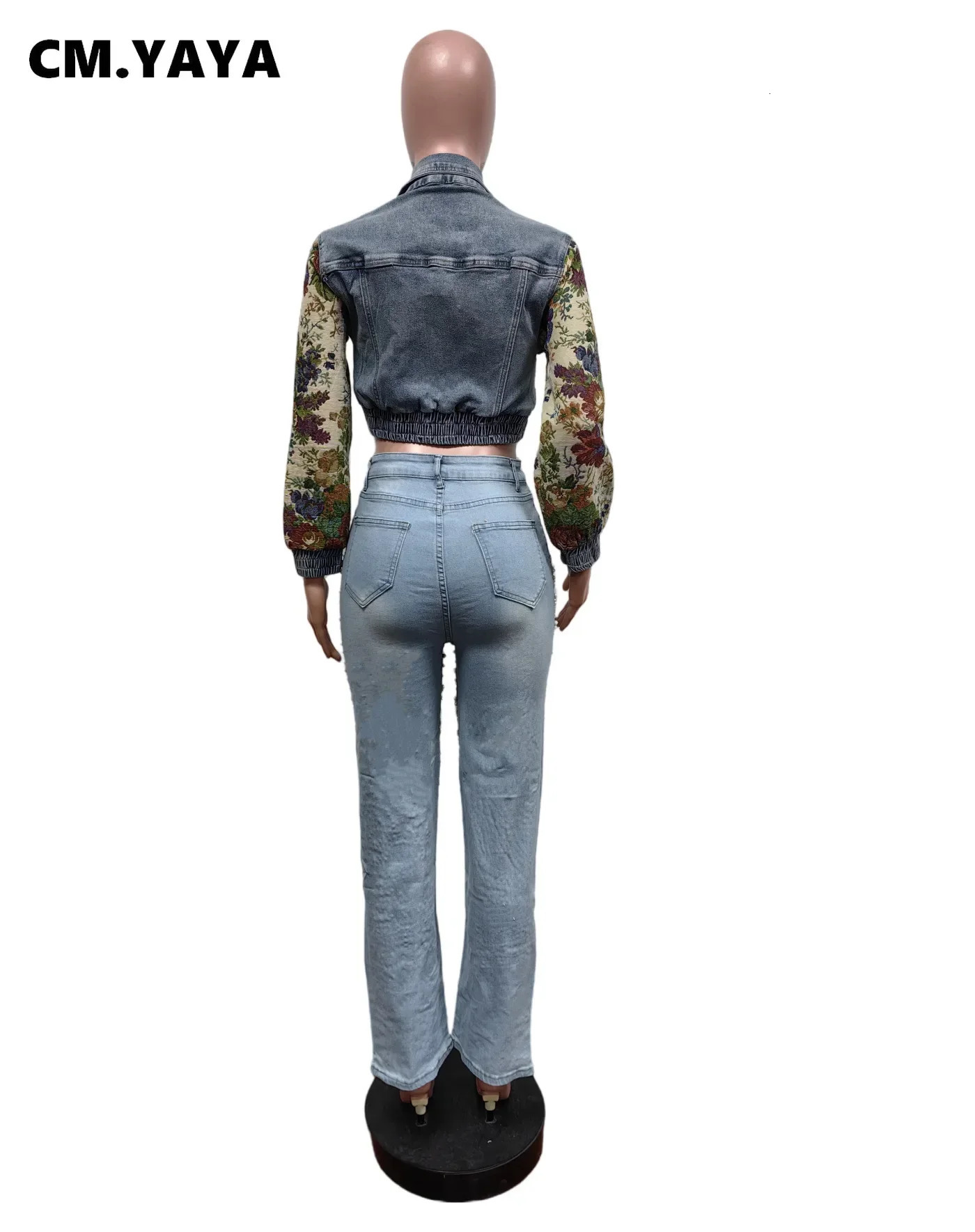 CM.YAYA Women Fashion Floral Printed Long Sleeve Patchwork Denim Jacket 2024 Fall Winter Female Streetwear Jean Denim Coat 241031