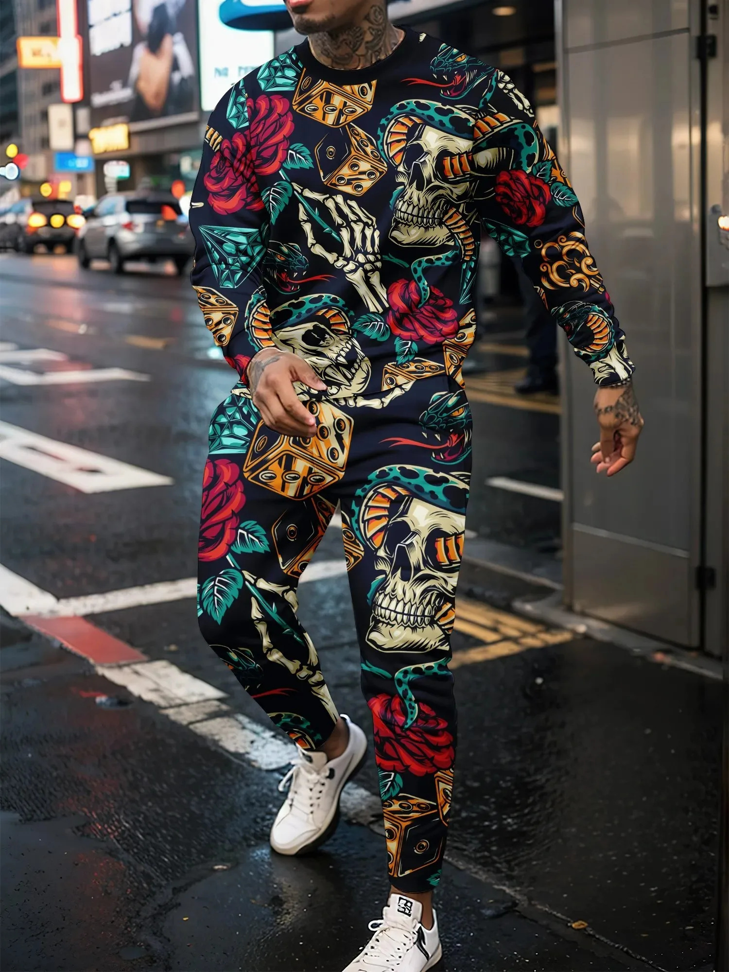 Latest Retro Mens Tracksuit Set 3D Skull Printed Personalized Pullover Long Pants Street Youth Fashion Loose High Quality Sets 241024