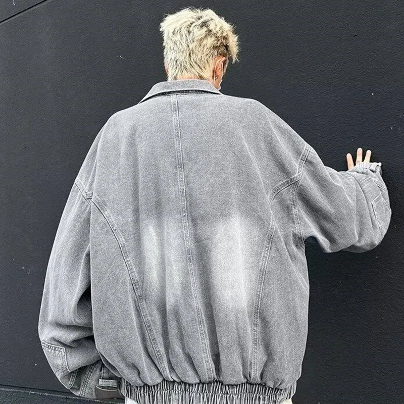 PFNW Washed Inverted Denim Jacket American Vintage Workwear Zipper Lapel Mens Trendy Oversize Coat Autumn 12C1140 241031