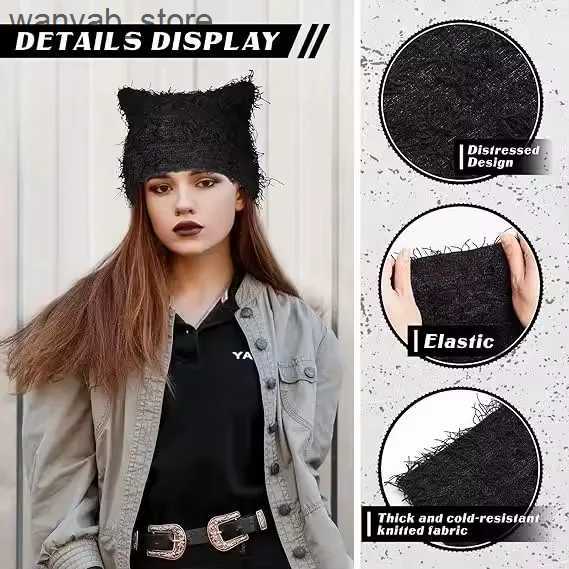 Wide Brim Hats Bucket Hats Hip Hop Distressed Knitted Caps Unisex Winter Y2k Cat Ears Little devil Beanies Outdoor Fuzzy Thick Warm Balaclava Hat L240