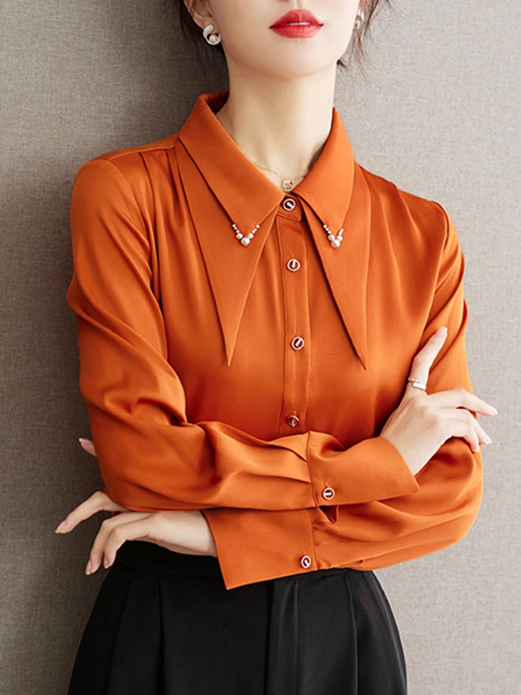 Fashionable round neck hem bubble long sleeved casual clothing solid color elegant womens shirt 241031