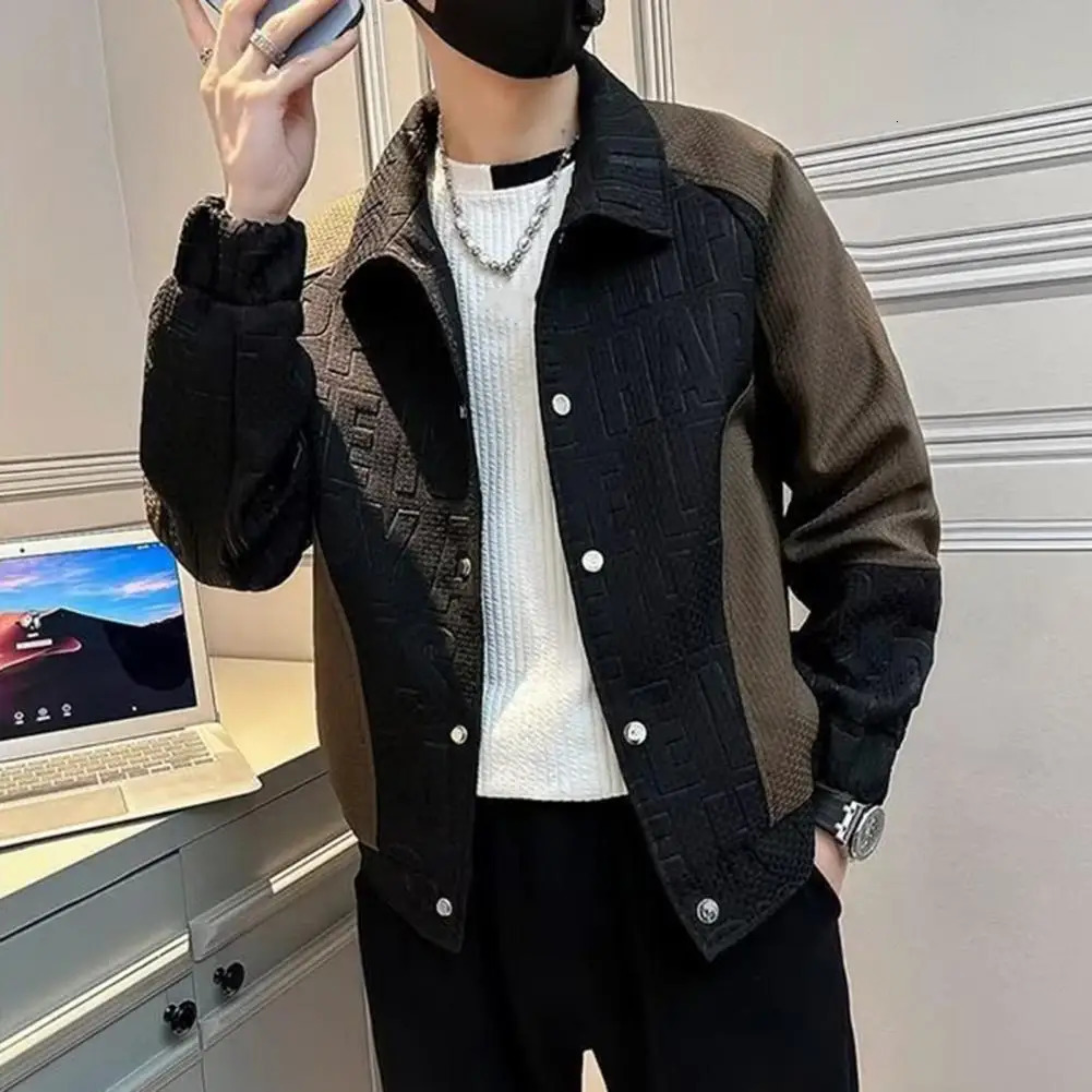 Men Lapel Long Sleeve Jacket Coat Hip Hop Style Windproof n ColorBlocked with 3D Letter Pattern 241024