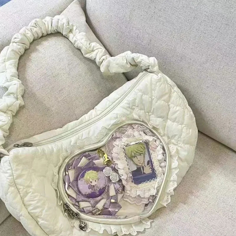 Lace Love Animation Pain Bag Cute Drawstring Single Shoulder Cross Body Bag Large Capacity Shopping Zipper Doll Bag 241031