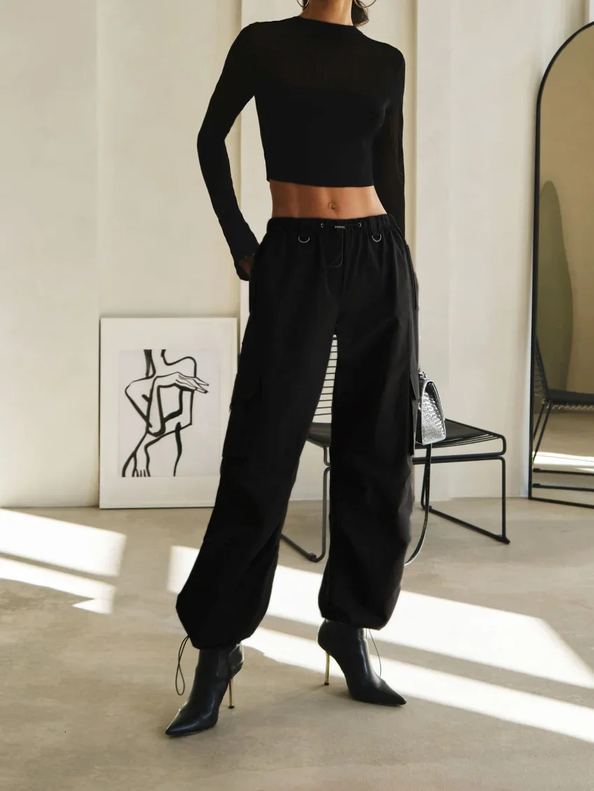 Bornladies Cargo Pants Women 100% Cotton Casual Elastic Waist Loose Baggy Pants Shirring Legs Streetwear Long Trousers 241031