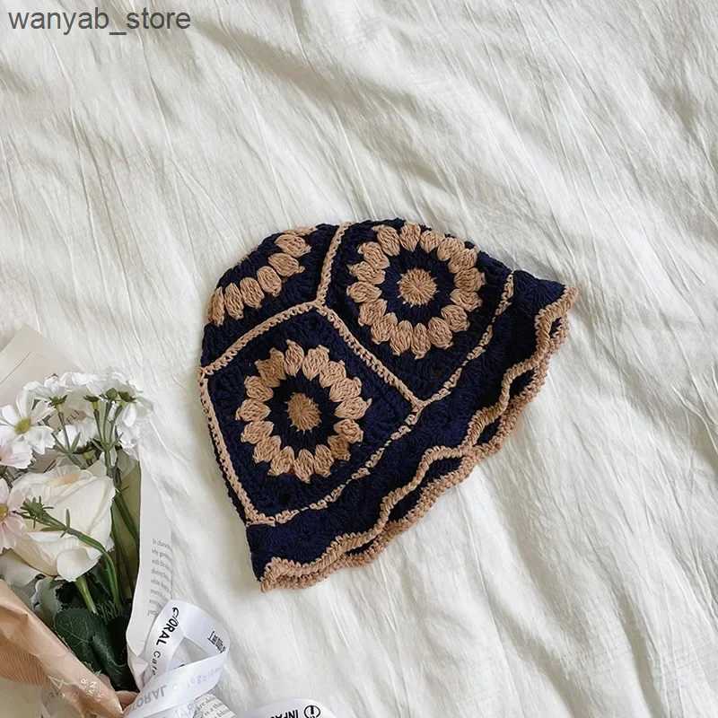 Wide Brim Hats Bucket Hats Women Hollow Flower Knitted Fisherman Hat Handmade Crochet Matching Basin Hat Spring Summer Sunscreen Sun Hats Female Panam