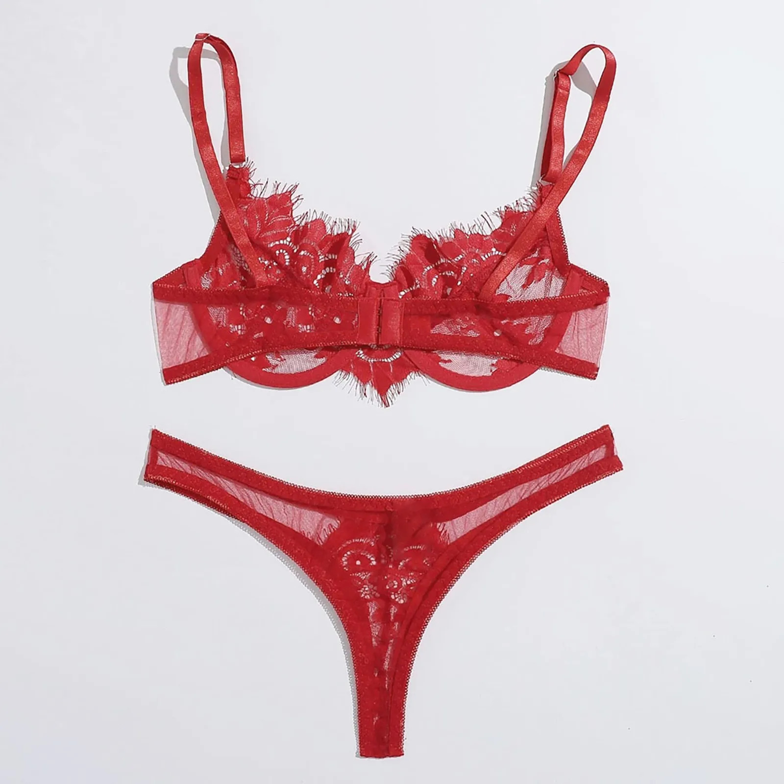 Women Sexy Red Christmas Lace Mesh Transparent Lingerie Sets Erotic Underwear With Steel Ring And Panties Sets Seductive Costume 241031