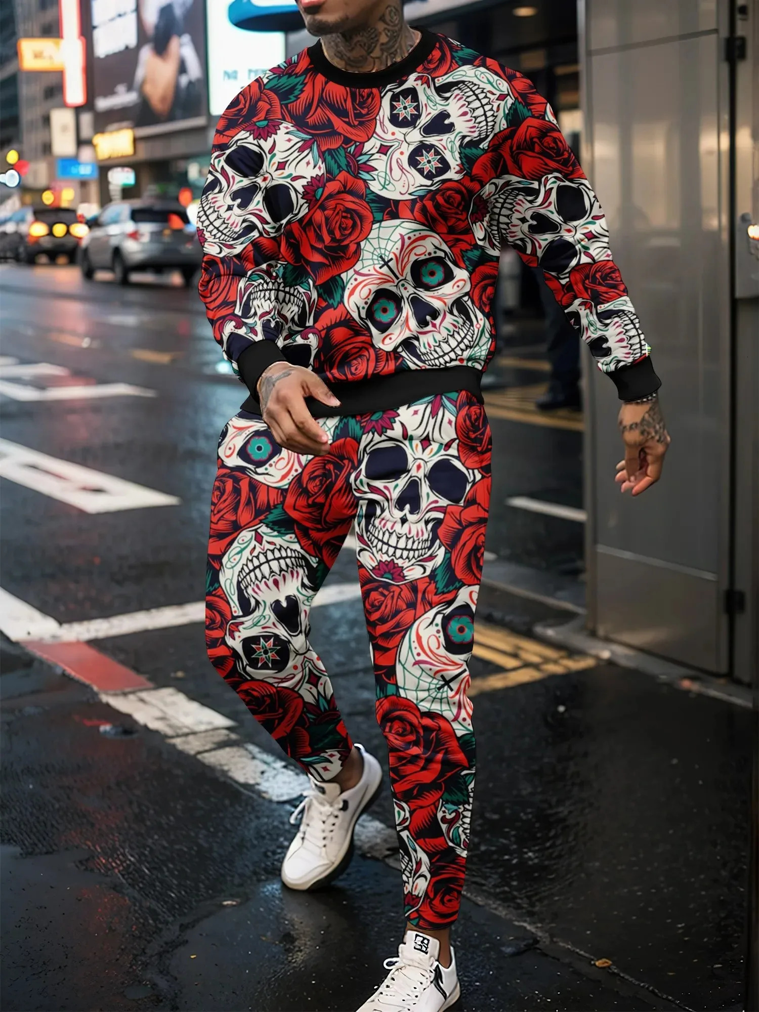 Latest Retro Mens Tracksuit Set 3D Skull Printed Personalized Pullover Long Pants Street Youth Fashion Loose High Quality Sets 241024