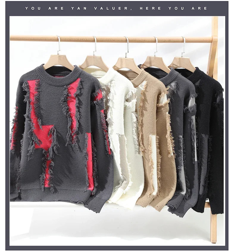 Ripped Sweater Mens Loose Crew Neck Knit Bottom Shirt Handsome Autumn Clothes on The Fashion Pullover 241029